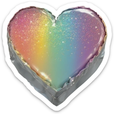 3D isolated, rendering, 8k resolution, 1x1, 8000x8000 pixels, transparent background, no emoji faces, Heart shaped box wrapped in silver metallic paper with 3D appearance rainbow prismatic effect and very glittery cute sticker