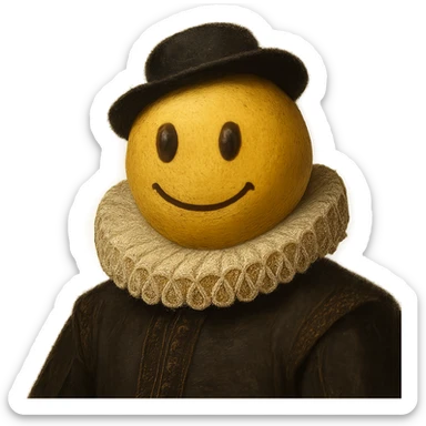 a smiley face as a medieval English gentleman, with a ruffled collar, small hat, and dignified expression, detailed, elegant sticker