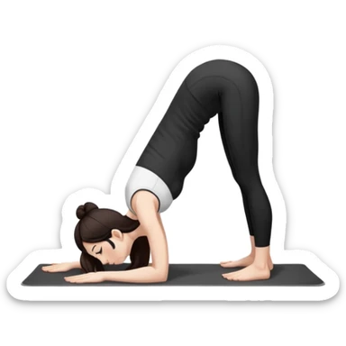 Девушка белокожая в позе собака мордой вниз, с длинными темными волосами, в коротком белом топе, в черных лосинах, с черными ресницами sticker