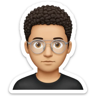 Light brown skinned Latino man with oval face, transparent aviator eyeglasses with thin metal frames, completely bald sides with extremely short dark curly hair only on crown, friendly neutral expression, casual black t-shirt sticker