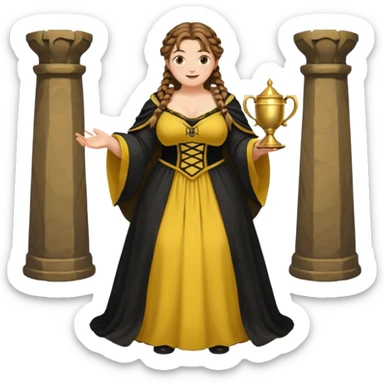 Helga Hufflepuff,brown-haired,2 braids,yellow-black medieval open dress,deep neckline,fat macromastia,black cloak decorated with gold braiding,gold cup with two handles,very kind smile,curvy busty sweet woman,round rosy cheeks,full length with medieval shoes sticker