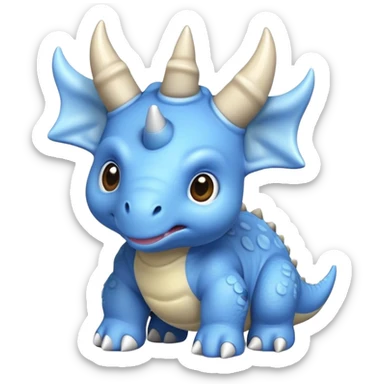 A small blue baby triceratops toy with stubby horns and a pacifier sticker