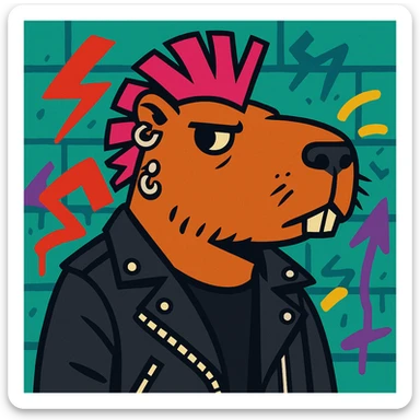 Chigüiro Punketo, a capybara with a punk style: mohawk, piercings, leather jacket, attitude, graffiti background sticker