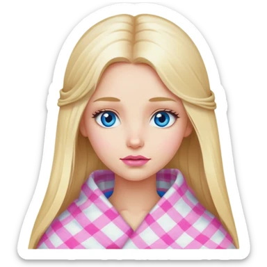 A beautiful blonde girl with long hair, blue eyes, pink lips is wrapped in a white plaid with her head sticker