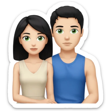 prince,  black Hair, blue eyes, garment,  woman, siiting in man white sleveless dress, blonde hair, green eyes, sticker