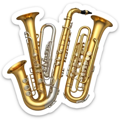 Create a professional and elegant emoji collage symbolizing wind instruments, using a combination of copper, white metal, and black wood. The design should feature iconic instruments like a trumpet, saxophone, tube, oboe, and horn. Each instrument should be represented with its key elements clearly visible.
Each instrument should be designed with realistic textures, including the gleam of metal and the deep, rich tone of black wood. Arrange the instruments in a balanced and harmonious way, making sure the elements are easily recognizable. Use metallic gold, silver, and copper tones with black wood accents. The background should be transparent to highlight the instruments. sticker