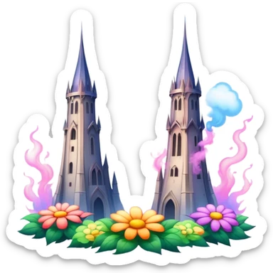 two towers covered in flowers and smoke  sticker