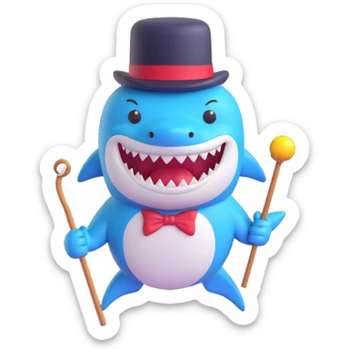 Add a cane to the shark with a top hat, keep the playful 3D emoji style, no background. sticker