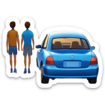 A parked blue car sits quietly on the side of an open road, facing a breathtaking sunset. Two people stand outside, backs turned, watching the horizon. The road stretches endlessly ahead, surrounded by a peaceful, glowing landscape full of light, warmth, and possibilit sticker