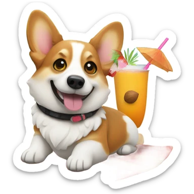 Corgi on the beach with a coconut drink sticker