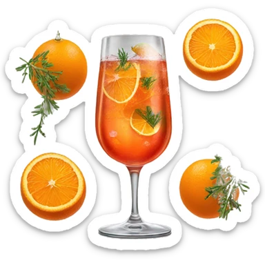 An Aperol spritz in a glass with ice, a strand of thyme in it, and a slice of an orange  sticker