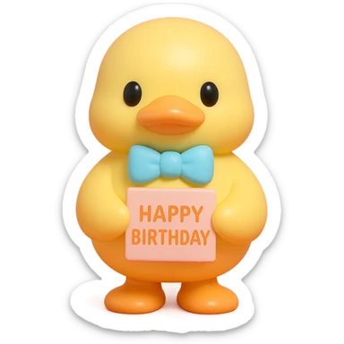 duck with bowtie holding birthday card, vinyl figure style sticker
