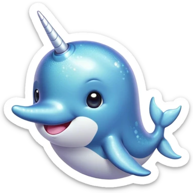 Cinematic Cute Narwhal Portrait Emoji, Head tilted playfully and inquisitively, with a glossy, shimmering body highlighted by its iconic tusk and sparkling eyes filled with wonder, Simplified yet irresistibly adorable features, highly detailed, glowing with a warm, friendly glow, high shine, affectionate and lively, stylized with a touch of whimsical charm, bright and endearing, soft glowing outline, capturing the essence of a mischievous marine marvel that feels like it could frolic out of the screen into your heart! sticker