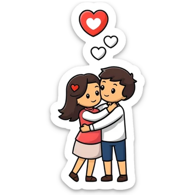A couple embracing each other. The man has mestizo skin tone, slightly long dark brown straight hair. The woman has light skin, long dark brown hair. White hearts floating around them. sticker