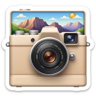 A beige camera and next to it a landscape photograph of the frame behind the camera sticker