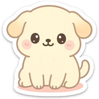 super kawaii, fluffy chubby puppy sitting, round face, big sparkly eyes, blushing cheeks, tiny limbs, short tail, soft fluffy fur; hand-drawn Japanese kawaii style, watercolor pastel tone, consistent colors cream, pastel pink, pastel yellow, baby blue sticker