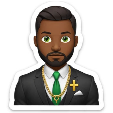 green eyes, dark short hair, muscular shoulders, wide cross, gold chain, big lips big nose big eyes, masculine good looking, dark beard wearing a suit sticker
