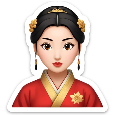 Cinematic Realistic Noble Mulan Portrait, depicted with lifelike, warm light-toned skin that reveals subtle texture and natural shadows. Her sleek black hair is intricately styled into a traditional bun with every strand rendered in exquisite detail, and her almond-shaped eyes, full of quiet resolve, are softly illuminated. She wears a meticulously detailed traditional robe with delicate red and gold accents, its rich fabric textures and gentle folds catching the light beautifully. The portrait radiates a natural, enchanting glow, capturing Mulan’s inner strength and timeless grace in a realistically painterly style. sticker