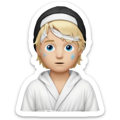 Create a blond boy with long, messy hair, light eyes, a white t-shirt, long hair, blue eyes, medium length, voluminous, wearing a white Nike bathrobe and a little blush near his nose. He also wears a balaclava, the kind a gangster balaclava wears, covering his entire face, and make him cute. sticker
