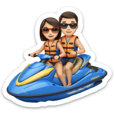 Light tan male dark hair & light tan female dark hair on a blue jet ski sticker