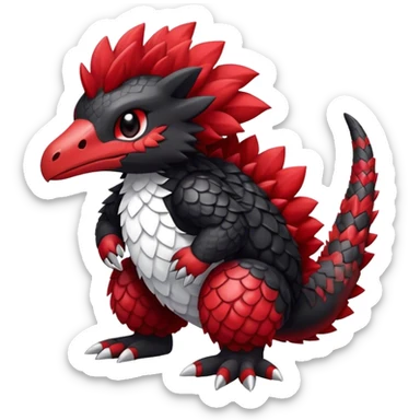 Cute cool black red white animal hybrid Fakemon full body, detailed, fluffy, scaly, edgy sticker