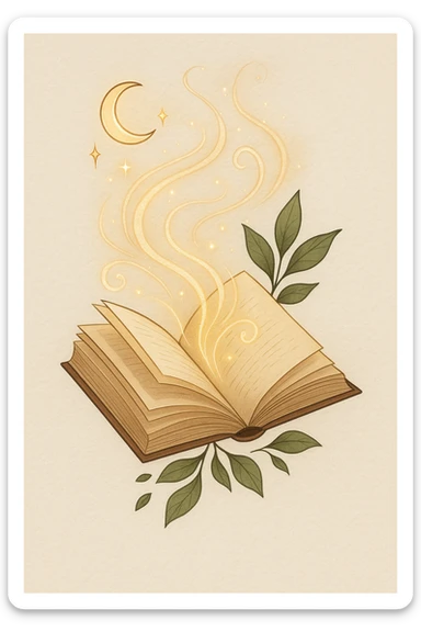 Create a simple, elegant illustration of a book with magical swirls and glowing effects coming out. Include detailed shadows and light reflections, matching the style of the reference image. sticker
