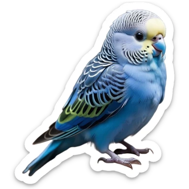 Cinematic Noble Blue Budgie Portrait Emoji, Poised and regal, with a petite, delicate build and a smooth, well-groomed fur of vibrant blue feathers, deep-set soulful dark eyes, Simplified yet sharp and sophisticated features, highly detailed, glowing with a soft, dignified glow, high shine, intelligent and charming, stylized with an air of elegance, focused and attentive, soft glowing outline, capturing the essence of a watchful and confident avian companion, so majestic it feels as though it could flutter out of the screen with effortless authority! sticker