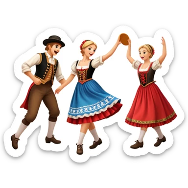 Cinematic Realistic Schuhplattler Dance Emoji, depicted as a lively traditional folk dance scene with performers in authentic Bavarian costumes, rendered with dynamic textures and festive natural lighting that captures the spirit of rural celebration. sticker