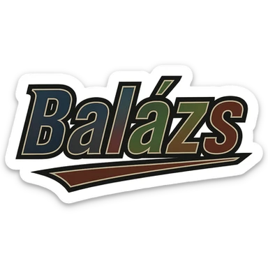 Text design of the name 'Balázs' in a masculine, modern, gradient font with dark contour and thin white edging, dynamic slanted underline, masculine color shades including blue, gray, burgundy, green, and brown, 1000x1000 px, PNG, transparent background, in the style of the uploaded Attila sample. sticker
