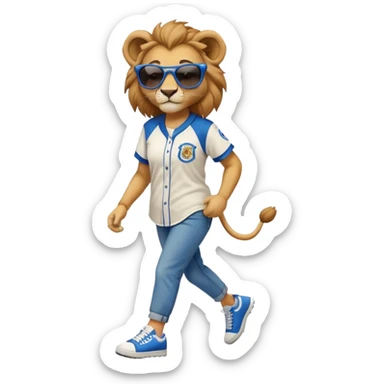 friendly anthropomorphised female lion wearing a baseball shirt, jeans, trainers, dark sunglasses, walking upright with a confident stride sticker