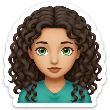 Olive skin girl with long curly dark brown hair blueish green eyes sticker