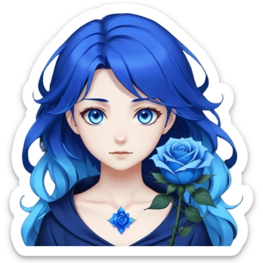 anime girl with dark blue hair, blue rose in hair, glowing blue eyes, Solo Leveling style, sharp features, blue magical aura, 2D emoji sticker