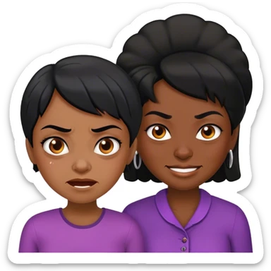 a black-skinned angry girl with black hair next to an older black lady who smile sticker