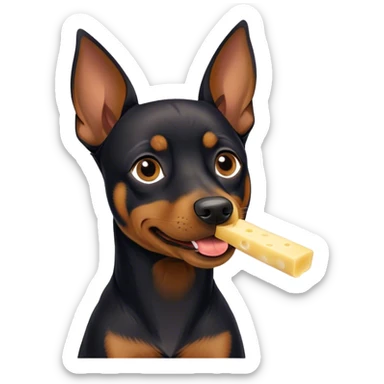 A black German pinscher eating with flappy ears a piece of string cheese sticker