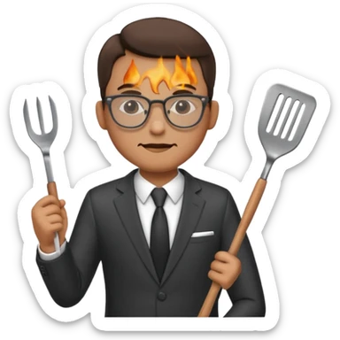 man with glasses wearing a suit and holding a grilling spatula sticker