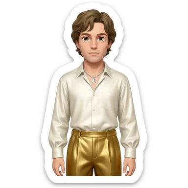 Paul Verlaine with hazel eyes, dark blonde hair, ivory metallic shirt, gold metallic baggy pants, silver necklace sticker