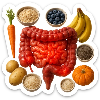 intestino umano anatomico infiammato con carota, bowl di avena, mirtilli, bowl di semi di chia, patate, banane, zucca, bowl di riso che gli fluttuano intorno , iperrealistico 4k sticker