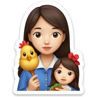 korean girl with long dark brown hair holding a chicken drumstick, cute emoji style sticker
