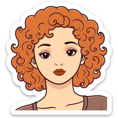 white woman, curly hair, copper lips sticker