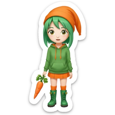 cute green-haired girl with orange eyes, wearing an orange hoodie, green skirt, orange knee socks, and green boots, with a small carrot accessory on her head, big expressive eyes, simple emoji face, round head, clean vector style sticker