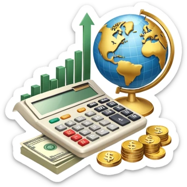 An icon featuring a calculator, a dollar sign, and a chart with upward trends, symbolizing economics. The design includes coins, bills, and a globe, representing global trade and financial systems. Transparent background highlights the study of markets, supply, and demand. sticker