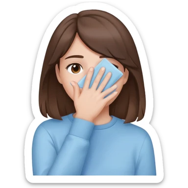 brunette girl with brown hair wearing pastel blue clothes covering her face with her hand sticker