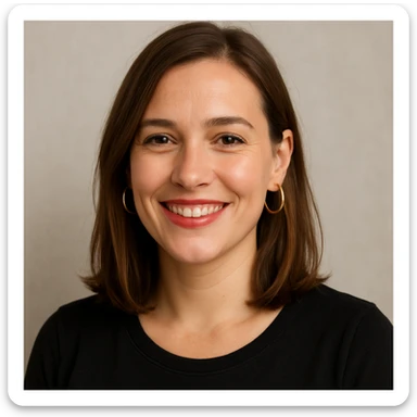 30 year old white woman with shoulder-length hair and brown eyes, left side of her hair tucked behind her ear, lipstick and hoop earrings, smiling, upper body portrait sticker
