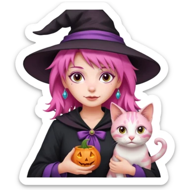 Witch with cat companion, pink haired sticker