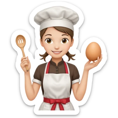 Young female pastry chef - ponytail, apron, wearing a white hat, holding an egg beater in her right hand, and naturally hanging her left hand to her side sticker