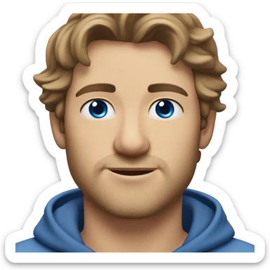 A head and shoulders shot of a 33 year old Caucasian man, with short brown hair,   with blue eyes wearing a t-shirt. sticker