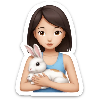 A young Asian woman with dark brown, almost Asian girl with dark brown hair, brown eyes, light Asian skin, add soft makeup and dress in tank top and hugging a one white rabbit with light brown spots, soft and warm atmosphere.
  sticker