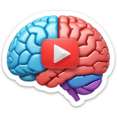3D icon design, brain with YouTube play button symbol integrated into brain structure, glassmorphism style, soft shadows, gradient colors, modern app icon aesthetic, isometric view sticker