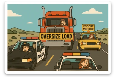 convoy of vehicles escorting truck with OVERSIZE LOAD banner, simple bold illustration sticker