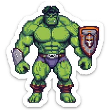 Joe Fixit gray Hulk, Gladiator Hulk with helmet, and Banner-Hulk merged form in 8-bit arcade style sticker